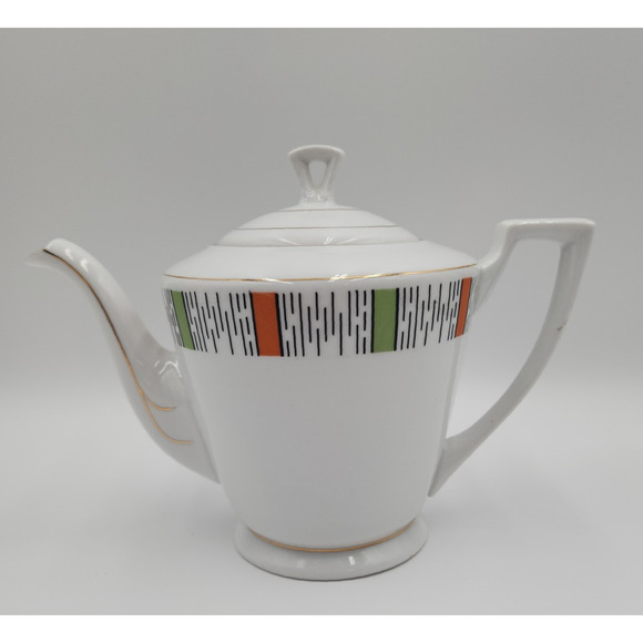 MCM HTF Rare Retro Design Green Orange Made In China Tea Pitcher Porcelain White - Picture 1 of 13